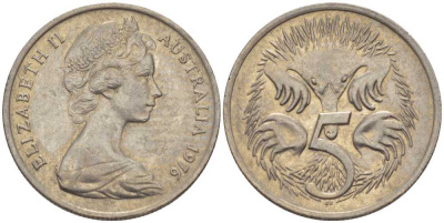 Австралия 5 центов 1976 королева Елизавета II (1952-2022), ехидна KM 64 медно-никель 100-1229