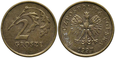 Польша 2 гроша 1997 MW KM 277, Parchimowicz 702d латунь 201-367