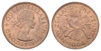 Новая Зеландия 1 пенни 1964 Елизавета II (1952-2022), новозеландский туи KM 24.2 бронза aUNC 4587-1041