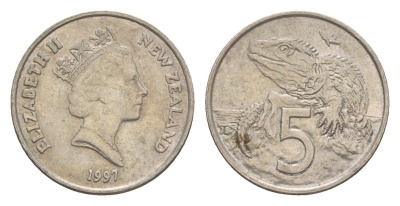 Новая Зеландия 5 центов 1997 Елизавета II (1952-2022), ящерица гаттерия KM 60 медно-никель 4594-1117