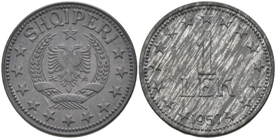 Албания 1 лек 1957 KM 36 цинк UNC 4588-731