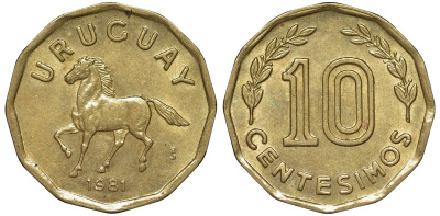 Уругвай 10 сентесимо 1981 KM 66 алюминиевая бронза 4169-547