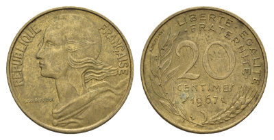 Франция 20 сантимов 1967 KM 930 алюминиевая бронза 3336-921