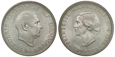 Дания 2 кроны 1958 18 летие принцессы Маргрете, Фредерик IX KM 845 серебро aUNC 4112-114