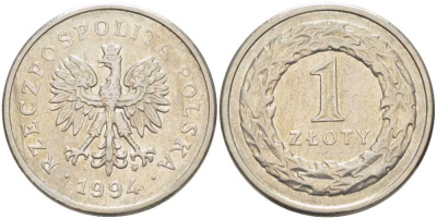 Польша 1 злотый 1994 MW KM 282 медно-никель 51-1627