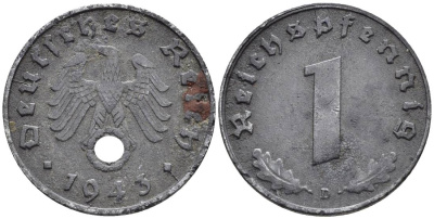 ГЕРМАНИЯ 1 РЕЙХСПФЕННИГ 1943 D KM 97, J. 369 цинк 4547-242