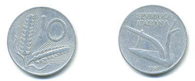 ИТАЛИЯ 10 ЛИР 1951 R, ПЛУГ KM 93 алюминий 4379-256