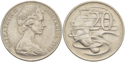 АВСТРАЛИЯ 20 ЦЕНТОВ 1980 ЕЛИЗАВЕТА II, МОЛОДОЙ ПОРТРЕТ, УТКОНОС KM 66 медно-никель 115-1021