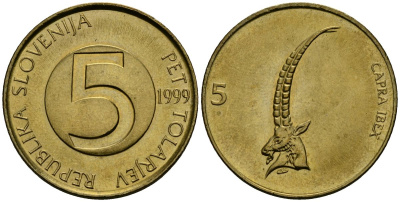 Словения 5 толаров 1999 KM 6 латунь 4120-244