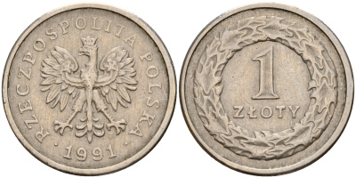 Польша 1 злотый 1991 MW KM 282 медно-никель    4161-1041