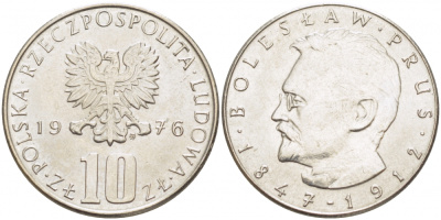 ПОЛЬША 10 ЗЛОТЫХ 1976 MW, БОЛЕСЛАВ ПРУС KM 73 медно-никель 4519-1032
