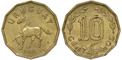 Уругвай 10 сентесимо 1981 KM 66 алюминиевая бронза 4169-542