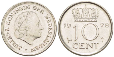 Нидерланды 10 центов 1978 Юлиана (1948-1980) КМ 182 никель 211-1235