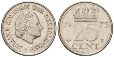 Нидерланды 25 центов 1973 Юлиана (1948-1980) KM 183 никель 4564-1135