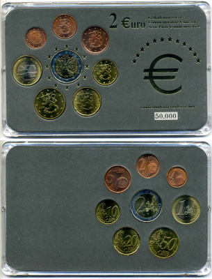 Финляндия евронабор из 8 монет 2001-2005 1 евроцент - 2 евро, включает 2 евро 60 лет ООН, голубь мира, в пластике запайка UNC 1-6-4-47