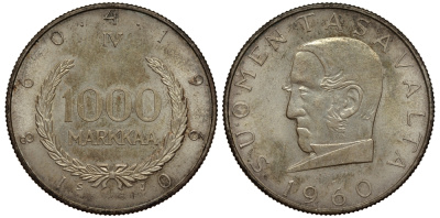 Финляндия 1000 марок 1960 S-J, 100 лет марочной системе Снеллмана (1860-1960) KM 43 серебро aUNC 1517-1513