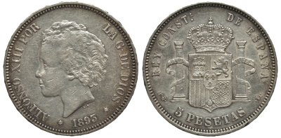 Испания 5 песет 1893 PG-L, КОРОЛЬ АЛЬФОНСО XIII KM 700 серебро 02-252-45