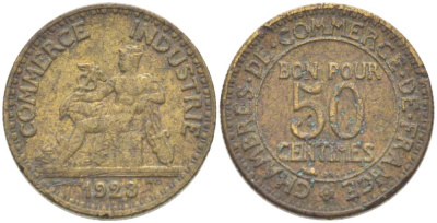 ФРАНЦИЯ 50 САНТИМОВ 1923 CHAMBRES DE COMMERCE KM 834, LE FRANC 191.6 алюминиевая бронза 218-122