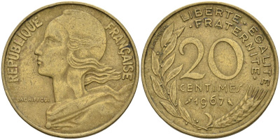 Франция 20 сантимов 1967 тип Marianne KM 930 алюминиевая бронза 4606-723