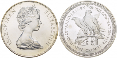 Остров Мэн 1 крона 1978 25 лет коронации королевы Елизаветы II, соколы KM 43a серебро UNC 11-173-45