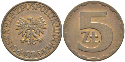 Польша 5 злотых 1976 монетный двор Ленинград (ЛМД) KM 81.1, Parchimowicz 221b латунь 3856-1124