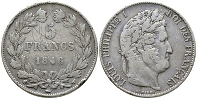 Франция 5 франков 1846 W, Луи Филипп I (1830-1848) LE FRANC 325.13, KM 749.13 серебро 1066-6-55