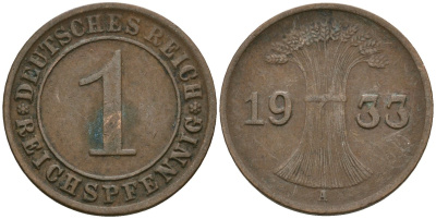Германия 1 рейхспфенниг 1933 A KM 37, J. 313 бронза 4189-1216