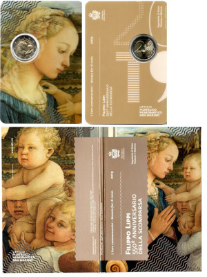 Сан-Марино 2 евро 2019 550 лет со дня смерти Филиппо Липпи, в оригинальном буклете KM 579 биметалл UNC 8-2-01-24