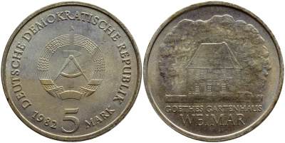 ГДР 5 марок 1982 A, Веймар, садовый домик Гете KM 85 медь цинк никель aUNC 59-1514