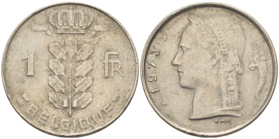 БЕЛЬГИЯ 1 ФРАНК 1973 BELGIQUE KM 142.1 медно-никель 75-1425
