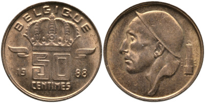 БЕЛЬГИЯ 50 САНТИМОВ 1988 BELGIQUE, БОДУЭН I (1951-1993) KM 148.1 бронза 99-1216