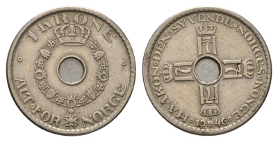 Норвегия 1 крона 1946 Хокон VII (1905-1957) KM 385 медно-никель 3336-527
