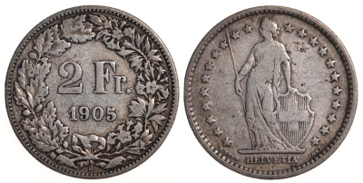 Швейцария 1/2 франка 1905 KM 21 серебро 59-421