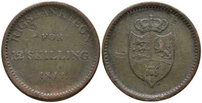 ДАНИЯ 12 СКИЛЛИНГОВ 1813 БАНКОВСКИЙ ТОКЕН KM Tn 2 (682) медь 32-1044