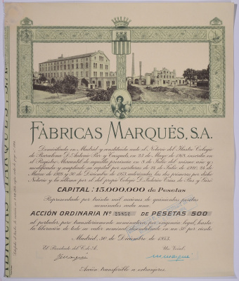 ИСПАНИЯ АЦИЯ НА 500 ПЕСЕТ 1953 FABRICAS MARQUES S.A., МАДРИД 1953 бумага 5544-6