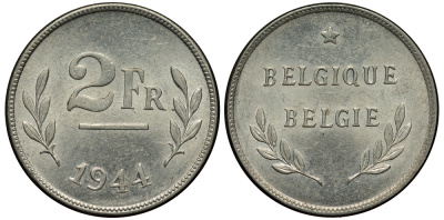 Бельгия 2 франка 1944  KM 133 сталь плакированная цинком  aUNC  214-139