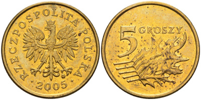 Польша 5 грошей 2005 MW KM 278, Parchimowicz 703l латунь 4580-559