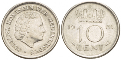 НИДЕРЛАНДЫ 10 ЦЕНТОВ 1961 ЮЛИАНА KM 182 никель 4547-833