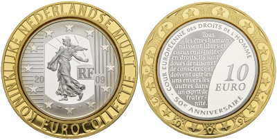 Франция 10 евро 2009 50 лет Европейскому суду по правам человека, коллекция Нидерландского монетного двора KM 1584 серебро PROOF 11-060-22