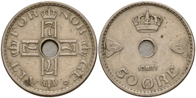 Норвегия 50 эре 1927 Хокон VII (1905-1957) KM 386 медно-никель 4187-913
