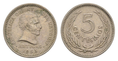 Уругвай 5 сентесимо 1953 KM 34 медно-никель 4632-748