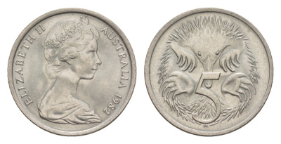 Австралия 5 центов 1982 Елизавета II (1952-2022) молодой портрет, ехидна KM 64 медно-никель UNC 4658-113