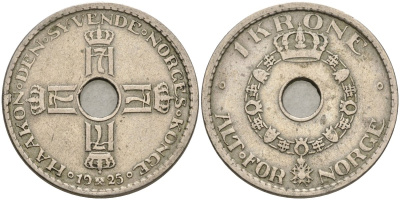Норвегия 1 крона 1925 Хокон VII (1905-1957) KM 385 медно-никель 4605-723