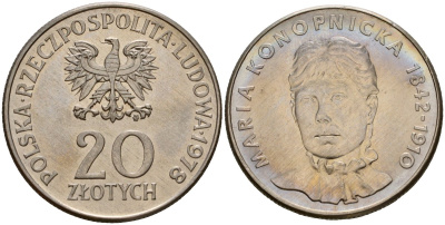 Польша 20 злотых 1978 MW, Портрет Марии Конопницкой (1842-1910) KM 95 медно-никель UNC 81-344