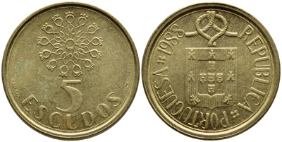 ПОРТУГАЛИЯ 5 ЭСКУДО 1988 KM 632 никель латунь 4395-926