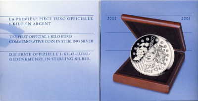 Франция 50 евро 2003 первая годовщина введения евро, оригинальная коробка, 1 килограмм серебро PROOF 14-01-01-02