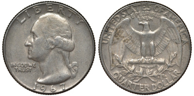 США 25 центов (квотер) 1967 Вашингтон KM 164а медь плакированная медно-никелем 4128-625