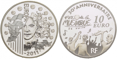Франция 10 евро 2011 30 ая годовщина музыкального фестиваля KM 1790 серебро PROOF 05-099-13