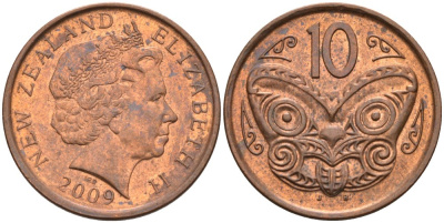 Новая Зеландия 10 центов 2009 маска Маори, Елизавета II (1952-) KM 117а сталь плакированная медью 4179-1254