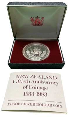 Новая Зеландия 1 доллар 1983 50 лет чеканки национальных монет, Елизавета II (1952-2022), в оригинальной коробке, сертификат KM 53а серебро PROOF 3-4-7-18